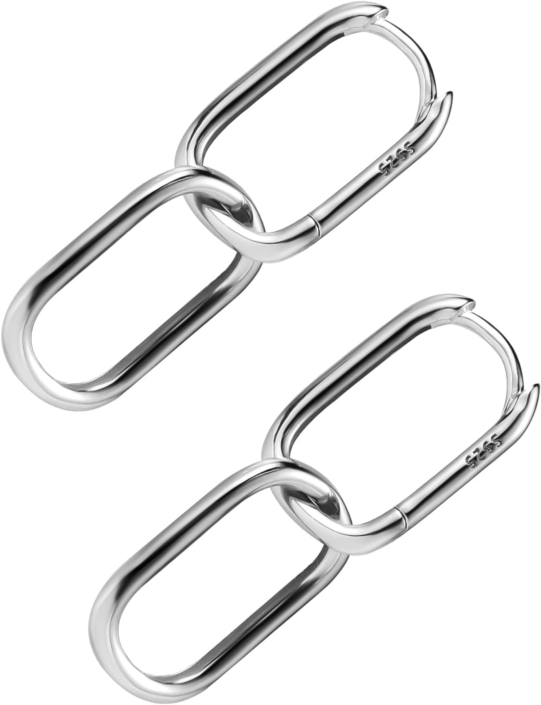 S925 Sterling Silver Link Chain Hoop Earrings, Small Oval Geometric Circle Minimalist U-Shaped Drop Earrings Convertible Paperclip Link Dangle Fashion Jewelry for Women(Silver) - Image 1
