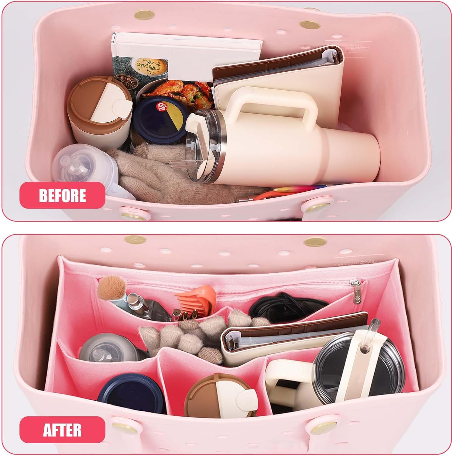 Rubber Beach Bag Organizer Compatible with Bogg Bag/Simply Southern Tote, Tote Organizer Insert Felt Bag Organizer Insert with 7 Pockets, Only for Bogg Bag XL Size (Pink) - Image 4