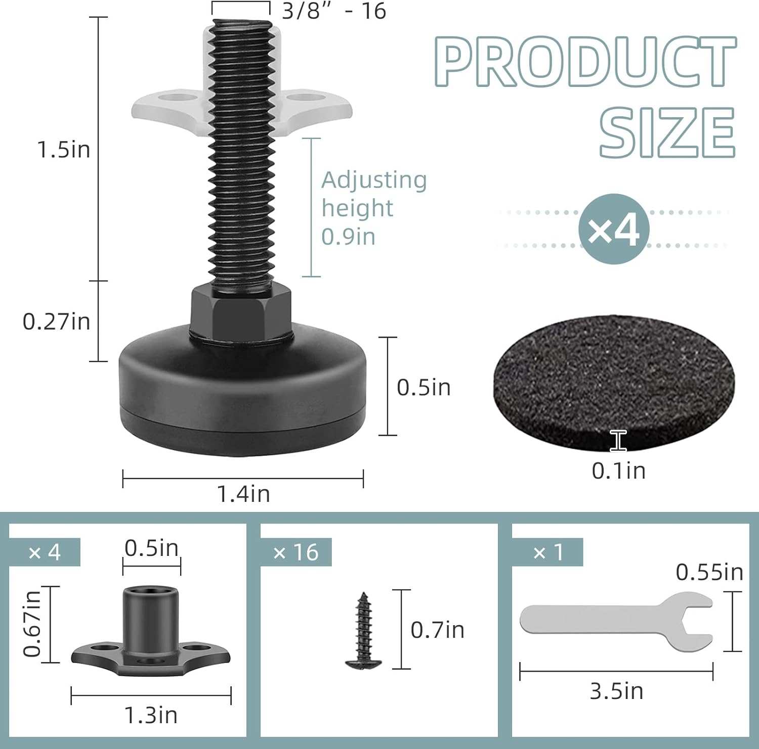 Heavy Duty Furniture Levelers, 4 Pack 3/8