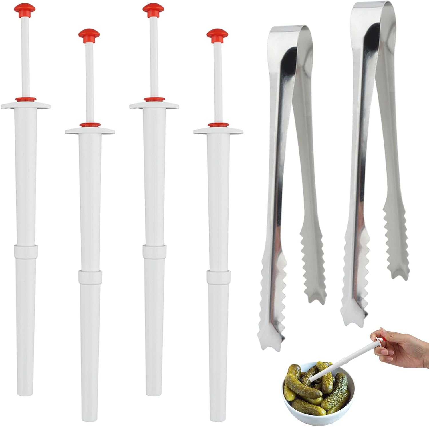 6Pcs Pickle Grabber Tool, Pickle Picker Deluxe Pickle Pincher with Ice Tongs, Stainless Steel l and Plastic Pickle Grabber Tool Olive Pepper Grabber for Kitchen Food - Image 1