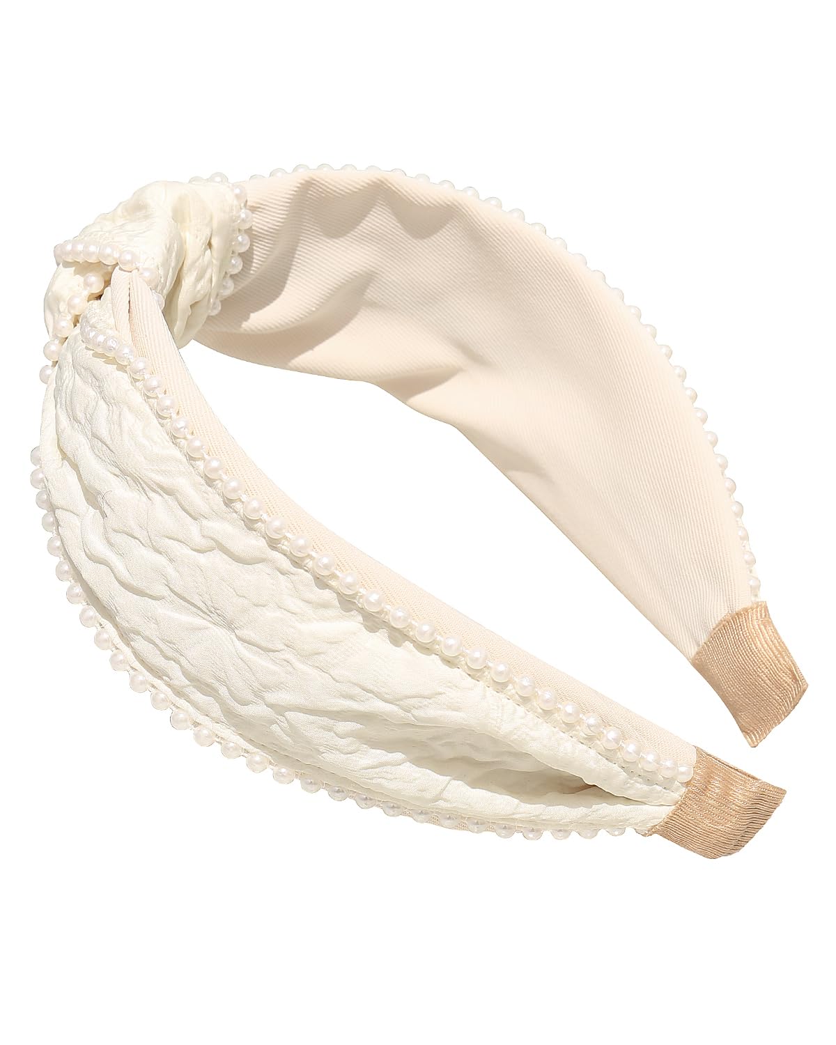 Women's Boho Knotted Wide Pearls Headbands for Women Non Slip, White Fabric Stretchy Cute Knot Headband, Girls Hair Accessories (Cream Knot) - Image 1