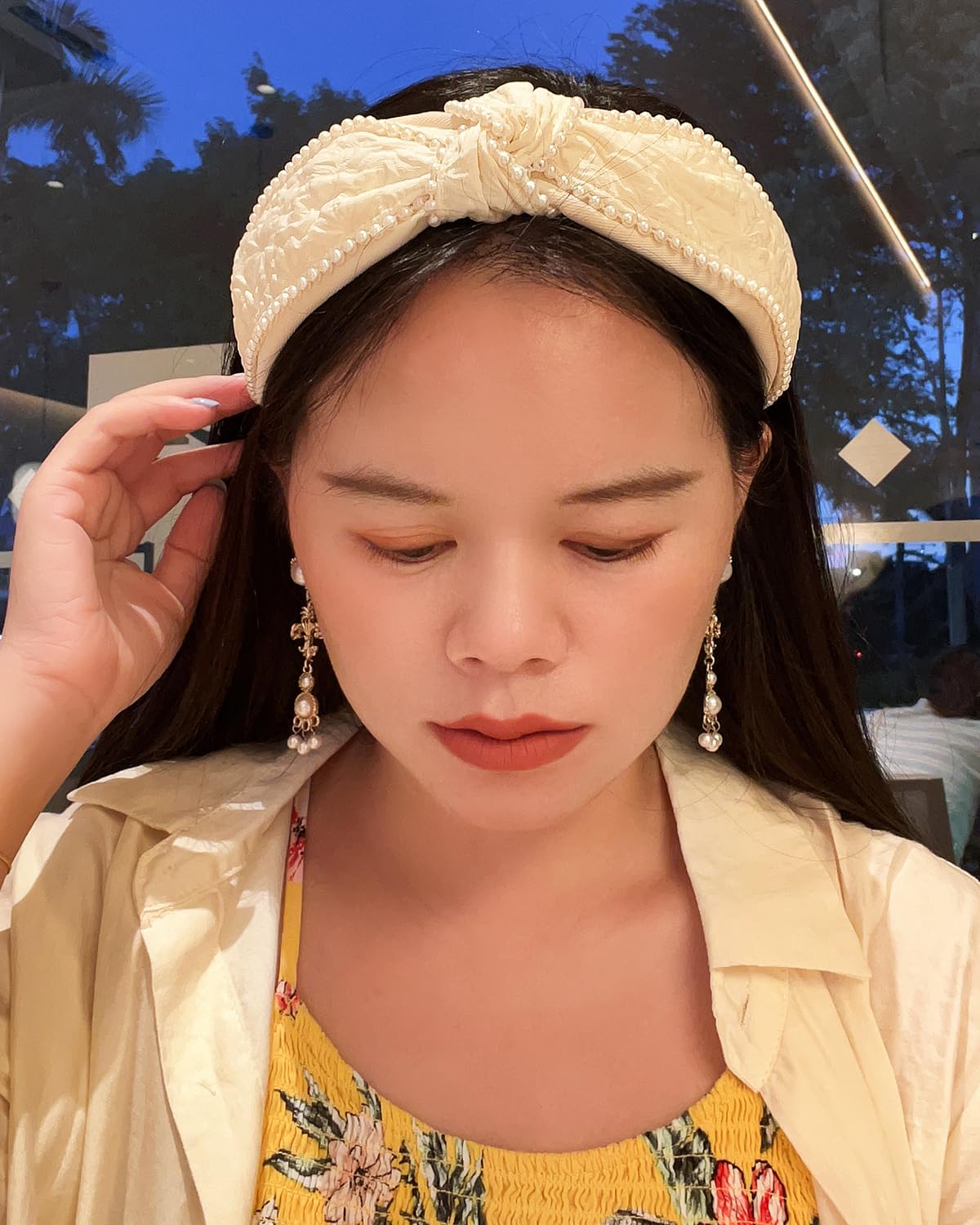 Women's Boho Knotted Wide Pearls Headbands for Women Non Slip, White Fabric Stretchy Cute Knot Headband, Girls Hair Accessories (Cream Knot) - Image 3