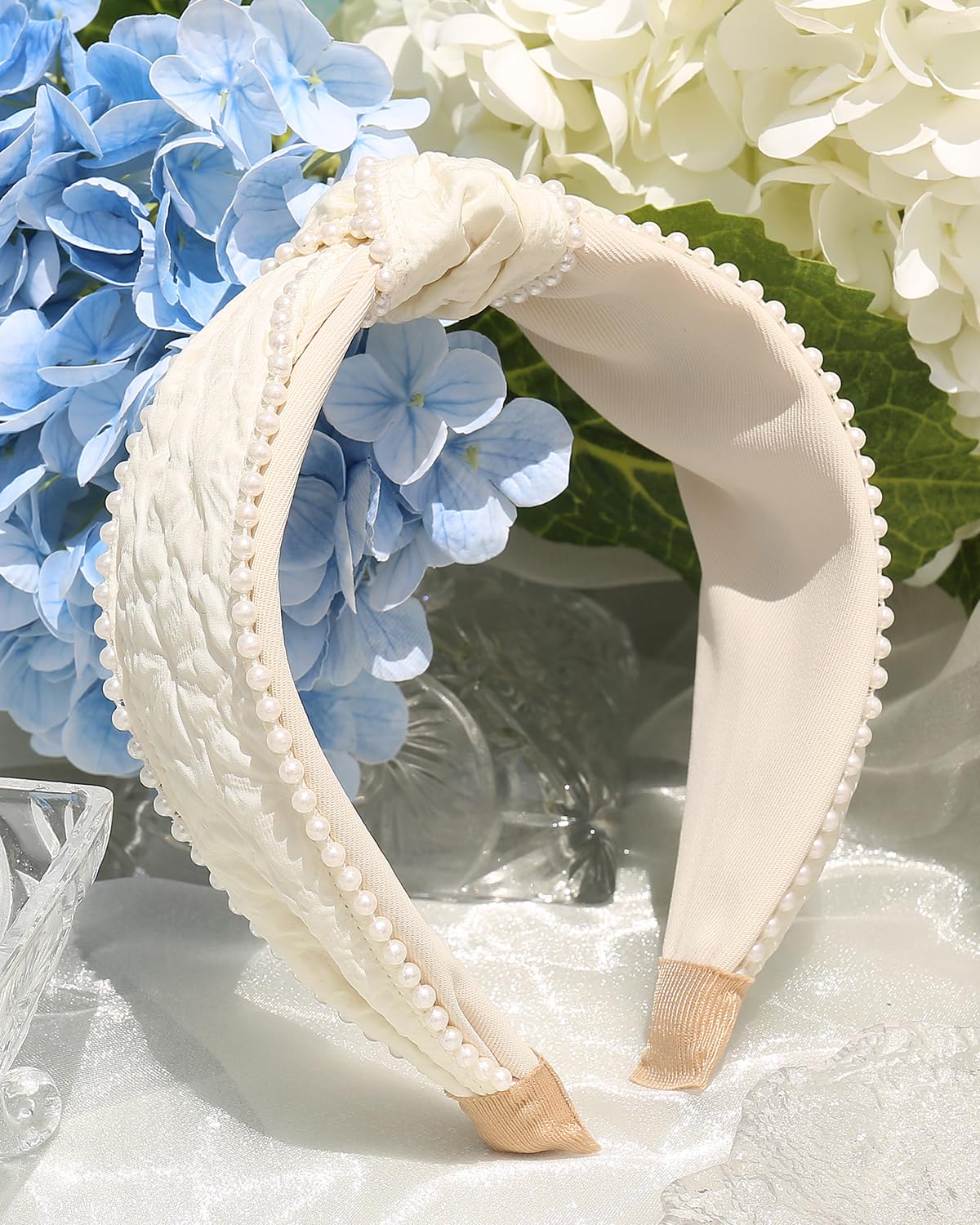 Women's Boho Knotted Wide Pearls Headbands for Women Non Slip, White Fabric Stretchy Cute Knot Headband, Girls Hair Accessories (Cream Knot) - Image 4