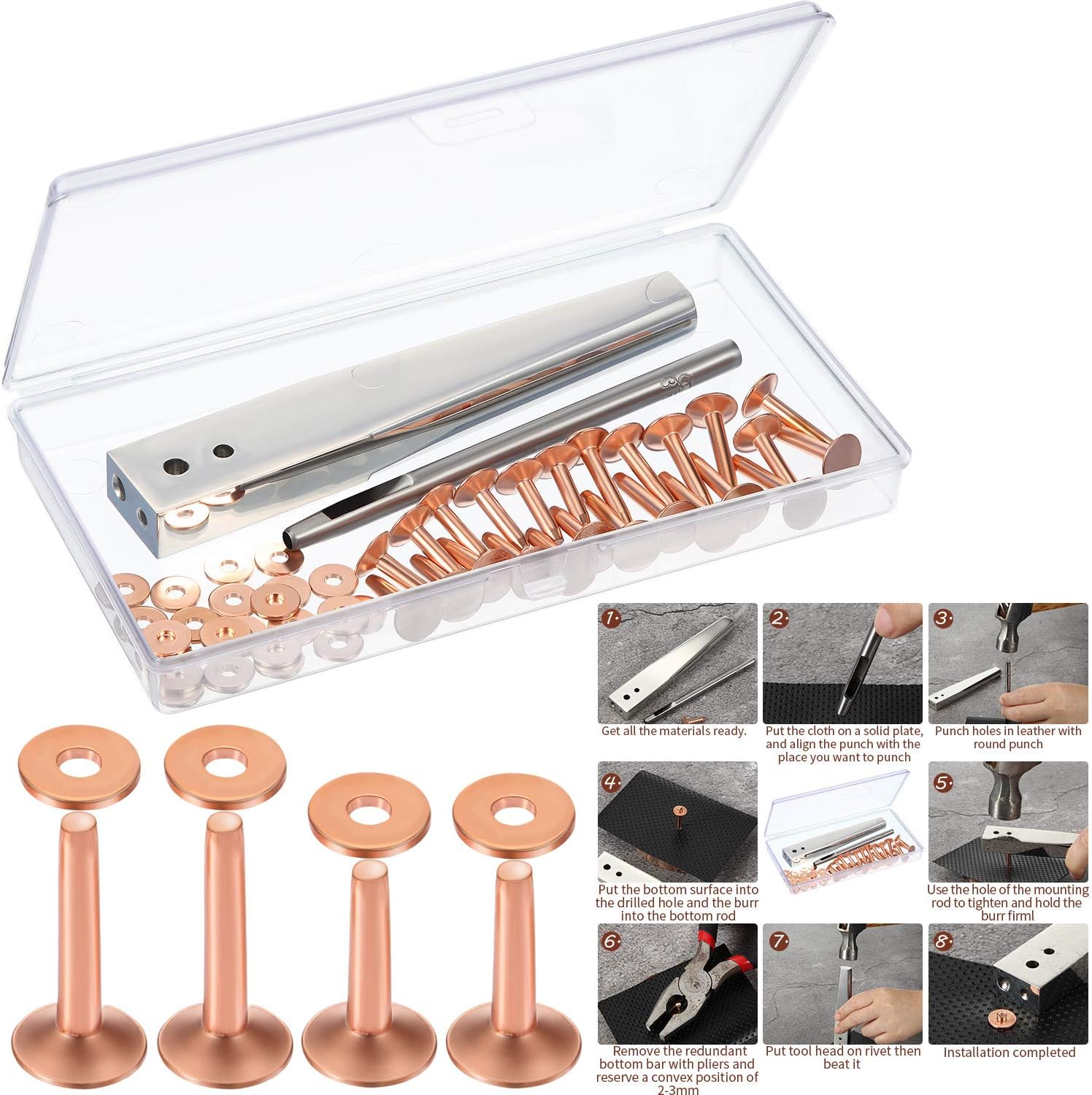 50 Pcs Copper Rivet and Burr 9 and #12 Copper Leather Brass Rivets Fastener Install Setting Tool with Hole Punch Cutter Kit for Belts Wallets Collars Leather Working Supplies - Image 1