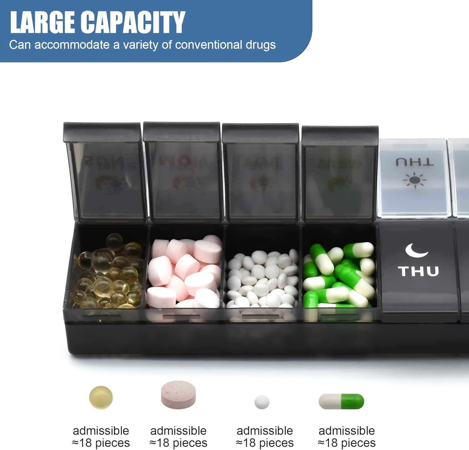 Large Pill Organizer 2 Times a Day, Weekly Pill Case, AM PM Pill Box, Day Night Pill Container 7 Day, Vitamin Case Medicine Dispenser Twice a Day (Black & White) - Image 3