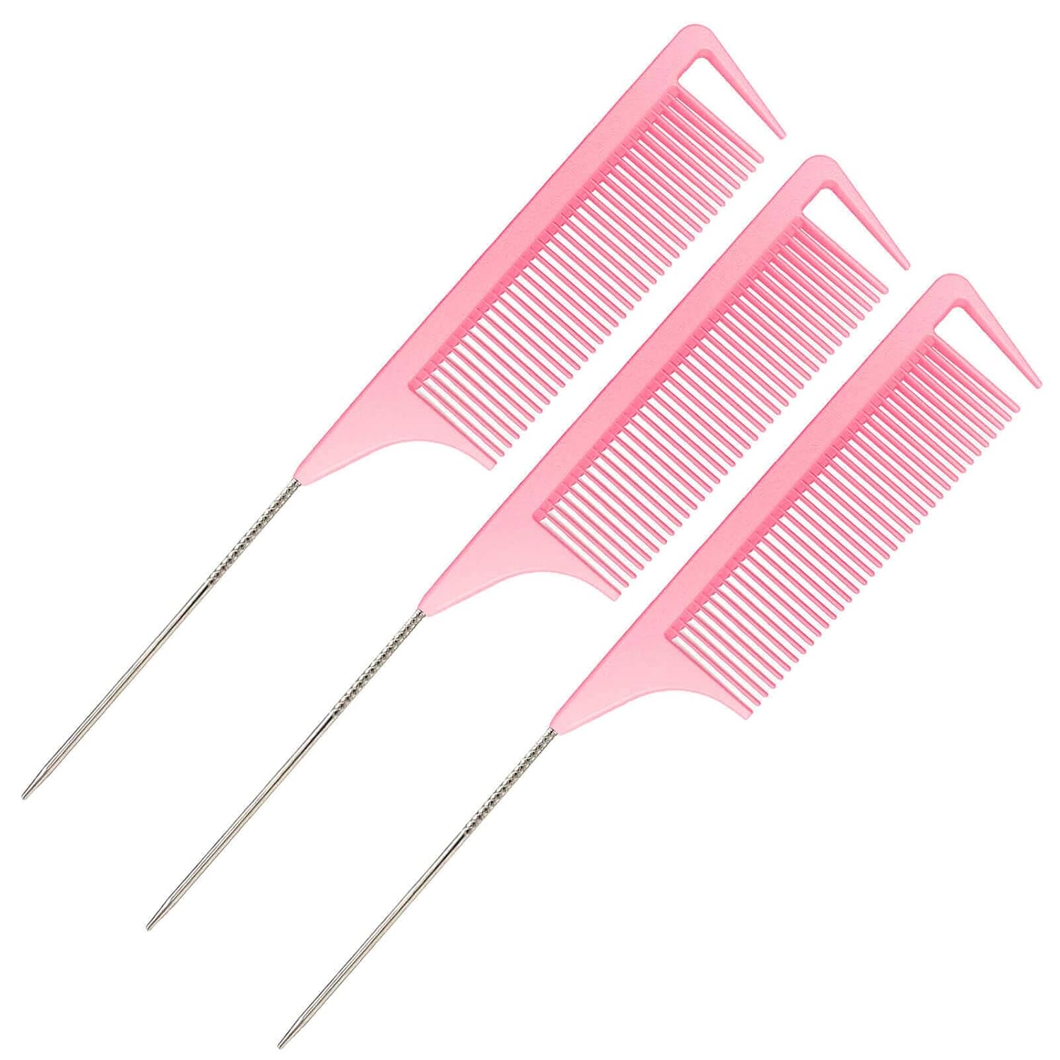 Rat Tail Combs, 3Pcs Parting Combs for Braiding Hair, Nylon Hair Comb Rat Tail Comb Rattail Comb with Stainless Steel Pintail for Sectioning, Parting and Styling (Pink) - Image 1