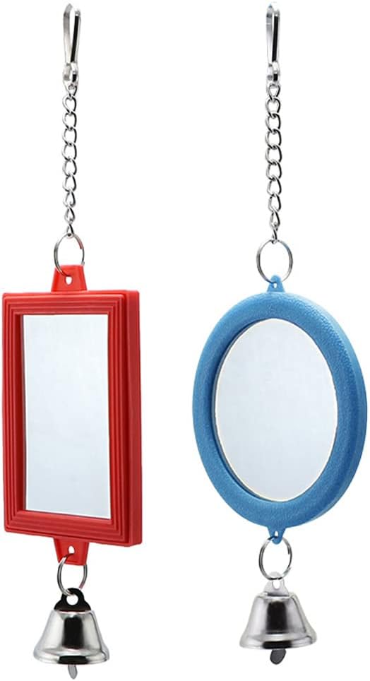 2-Piece Parrot Mirror Toy Hanging with Bells Pendant Bird Cage Accessories for Bird Parrot Budgie Parakeet Cockatiel Conure Lovebird Finch Canary Random Color （ 1pc Square +1pc Circle） … - Image 1