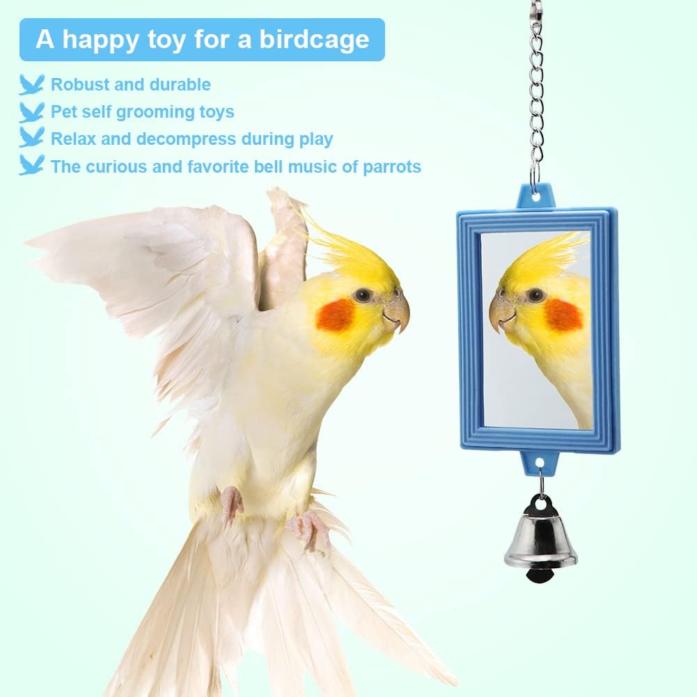 2-Piece Parrot Mirror Toy Hanging with Bells Pendant Bird Cage Accessories for Bird Parrot Budgie Parakeet Cockatiel Conure Lovebird Finch Canary Random Color （ 1pc Square +1pc Circle） … - Image 4