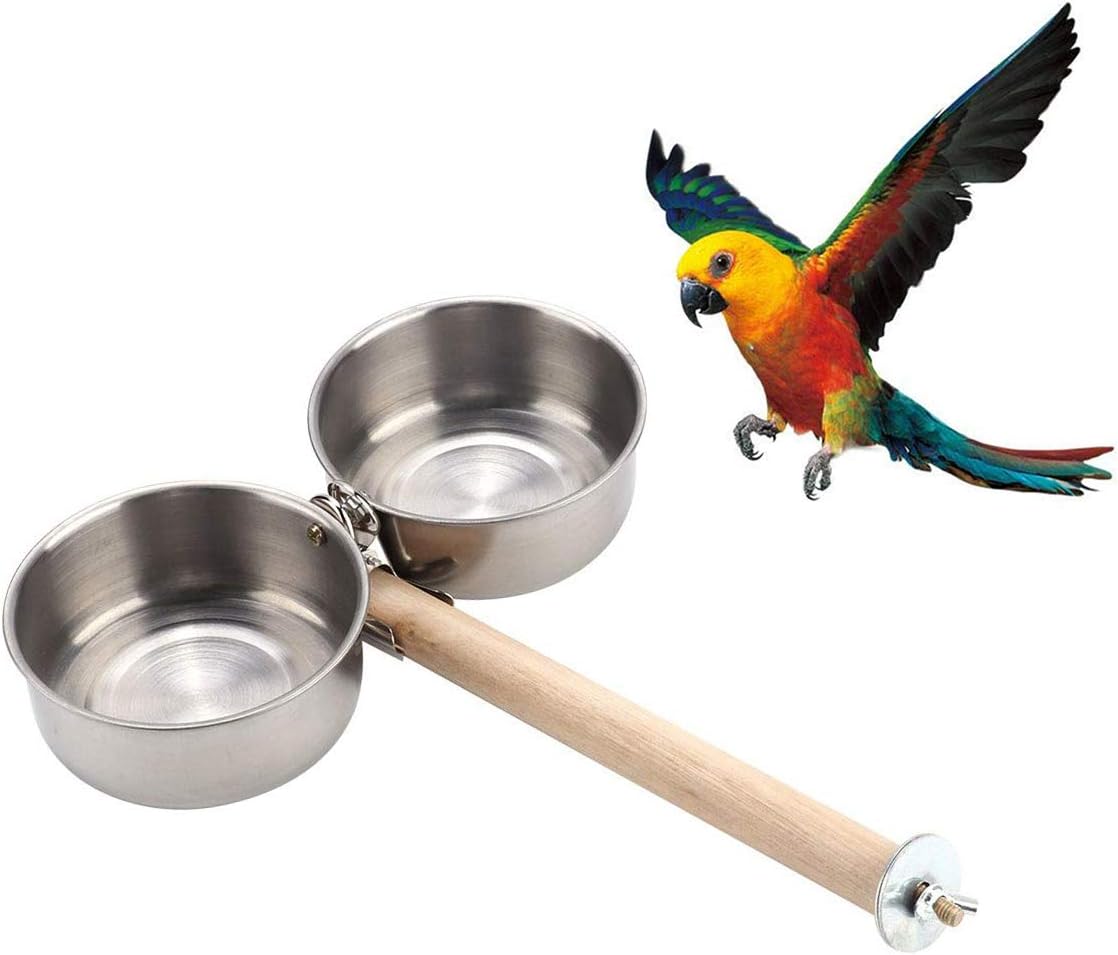 Bird Perch with Feeder CupsBowls Stainless Steel Odorless with Holder Hanger for Outside Durable Water Food Dispenser for Parakeet Cockatiel Conure African Grey Macaw Cage Accessories (B-20CM) - Image 1