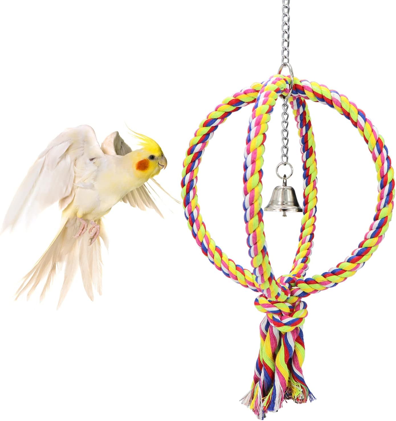 Bird Swing Perch Stand Cotton Rope 2 Two Rings Toy for Parrot Budgie Parakeet Cockatiel Conure Lovebird Finch Canary Cockatoo African Grey Macaw Eclectus Amazon Cage Accessories - Image 1