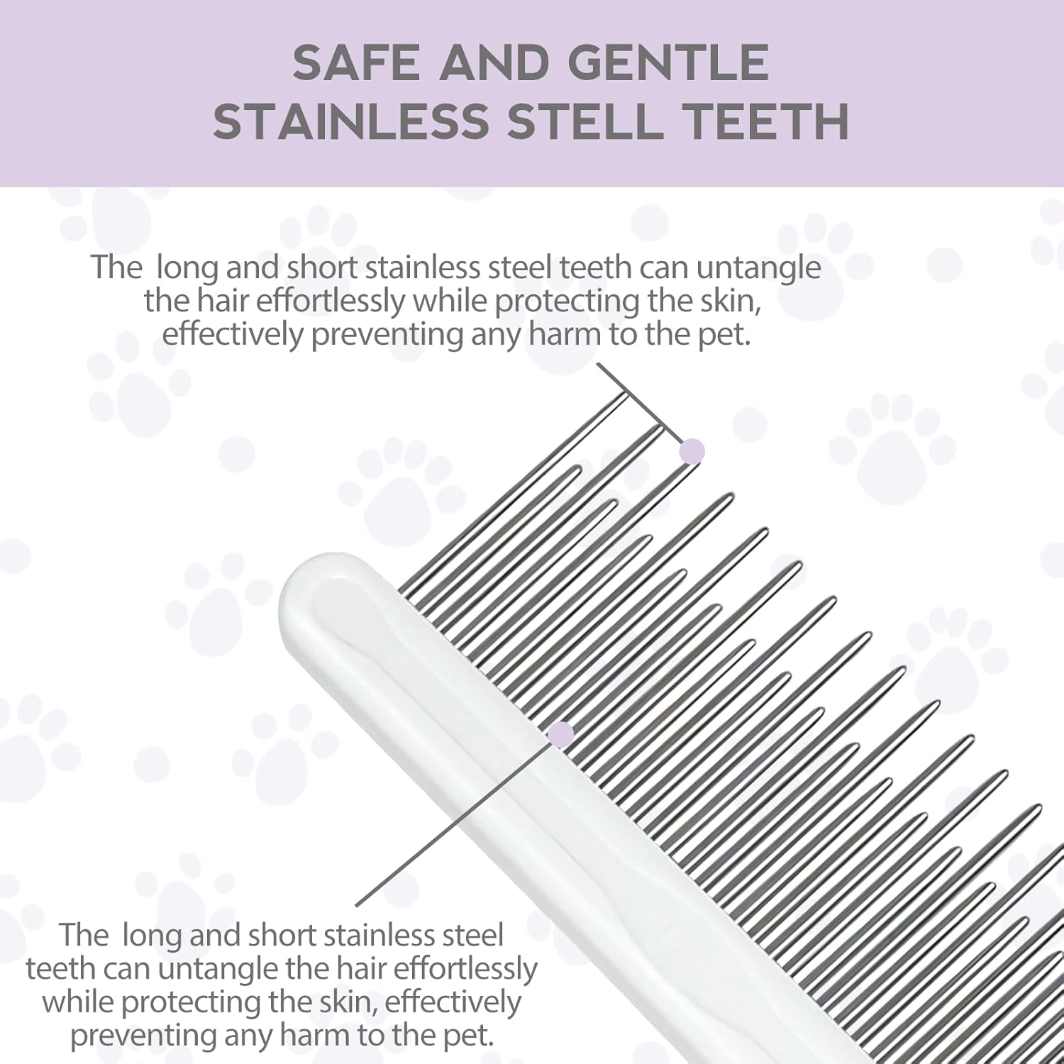 Detangling Pet Comb for Dog & Cat, Grooming Comb with Long & Short Stainless Steel Teeth, Safely Remove Knots & Tangles for Healthy Shiny Coat, Gentle Effective Detangling Tool for Pet Hair (Purple) - Image 2