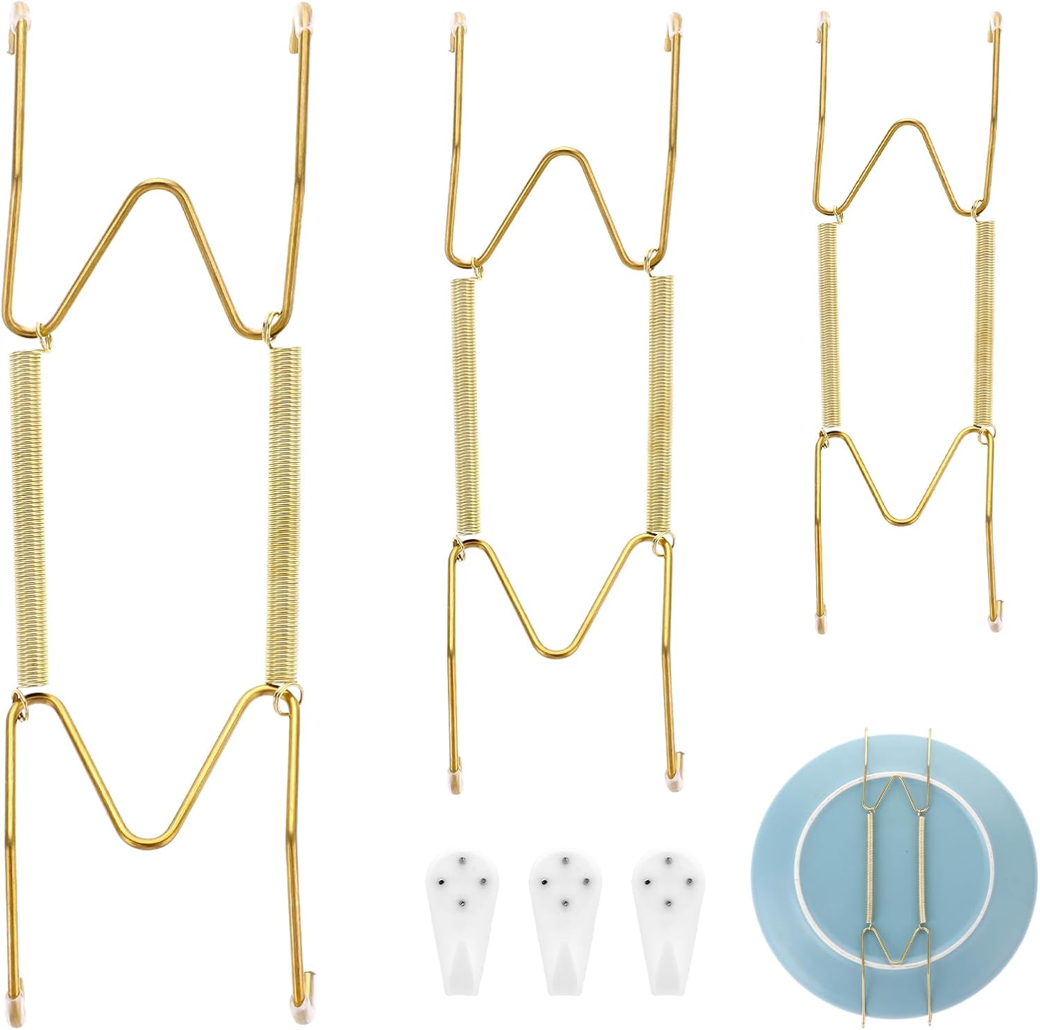 3pcs Plate Hanger for Wall, Stainless Steel 6 8 10 Inch Plate Hangers Invisible Decorative Wire Plate Holder with 3 Pack Wall Hooks and 15pcs Transparent Rubber Tip(Gold) - Image 1