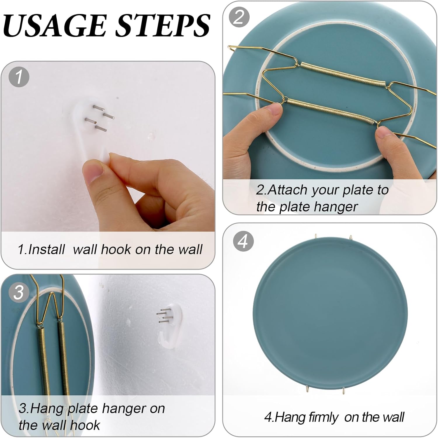 3pcs Plate Hanger for Wall, Stainless Steel 6 8 10 Inch Plate Hangers Invisible Decorative Wire Plate Holder with 3 Pack Wall Hooks and 15pcs Transparent Rubber Tip(Gold) - Image 4