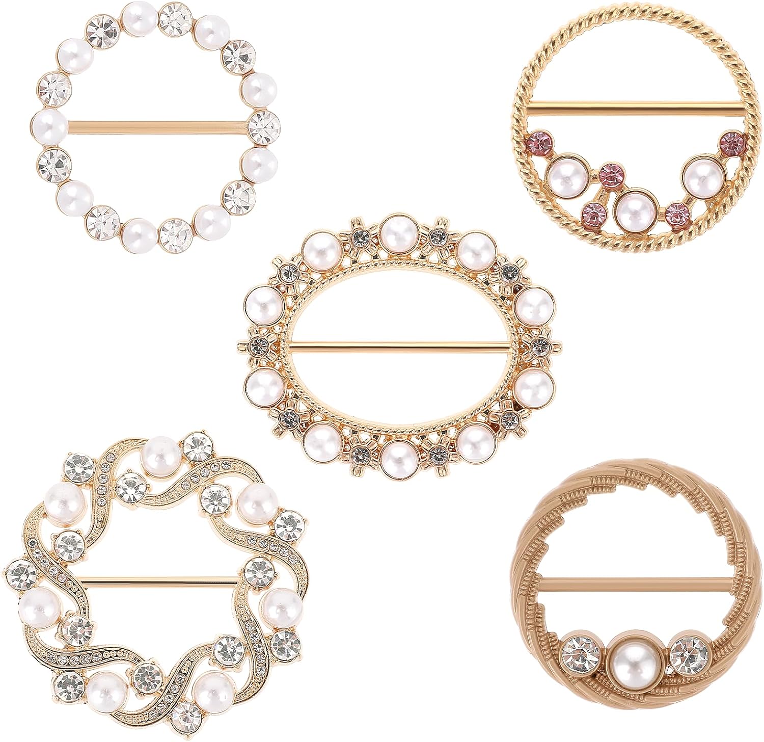5 PCS Shirt Clips Metal Scarf Ring Clip Shirt Ties Clips for Women Dress Clips for Girls Round T-Shirt Ties Rings Round Corner Knotted Buttons with Rhinestone Pearl Adjustment Buckles for Decoration - Image 1