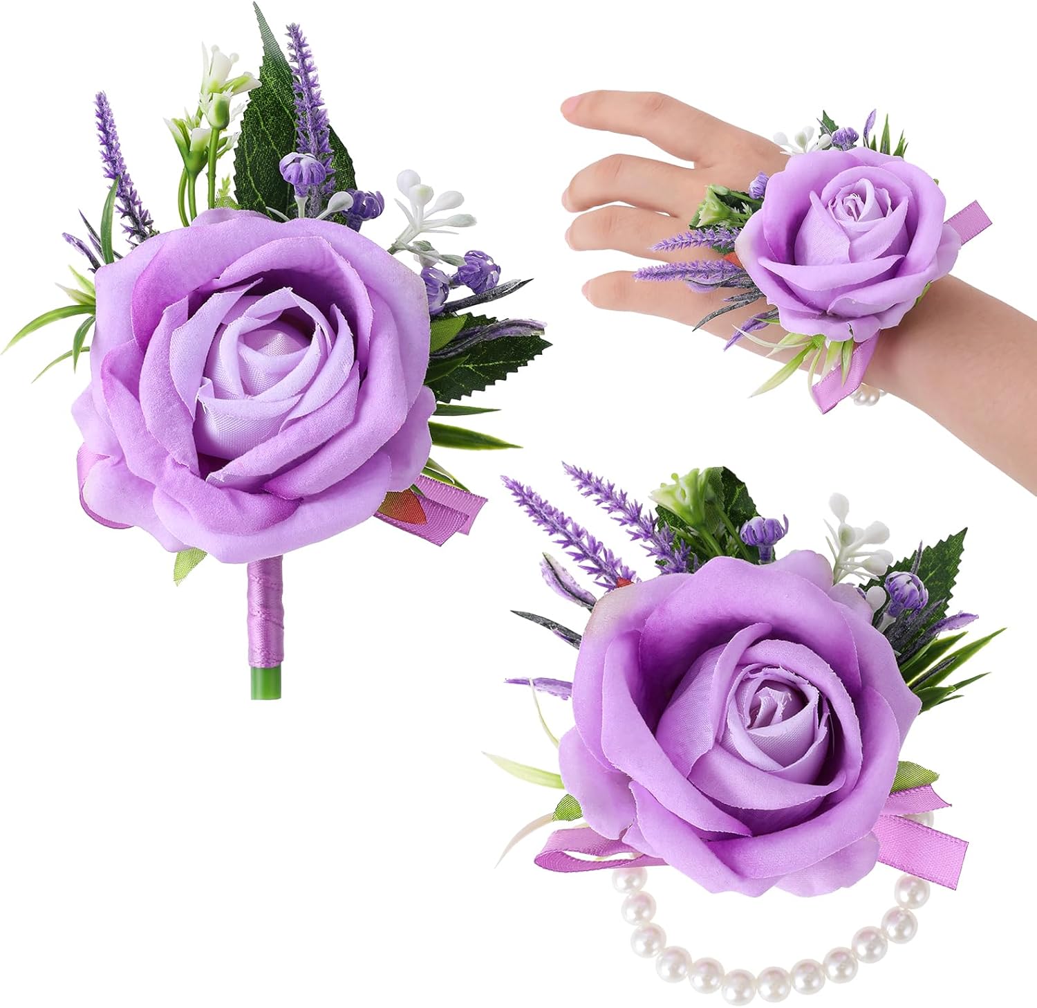 Purple Corsage and Boutonniere Set Handmade Artificial Flower Bride Wrist Corsage Bracelets Men Boutonniere Flowers Accessories Wristband for Wedding Prom Homecoming Party - Image 1