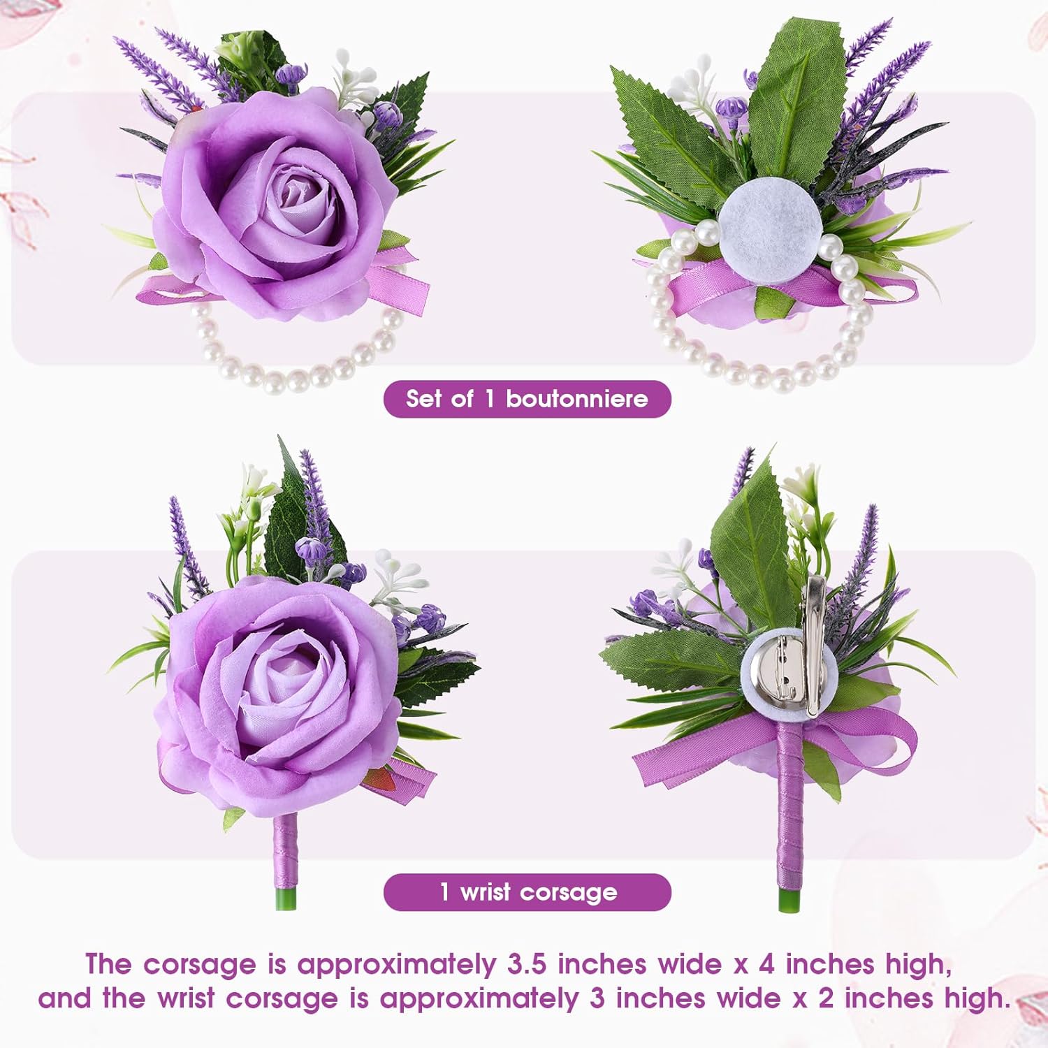 Purple Corsage and Boutonniere Set Handmade Artificial Flower Bride Wrist Corsage Bracelets Men Boutonniere Flowers Accessories Wristband for Wedding Prom Homecoming Party - Image 2