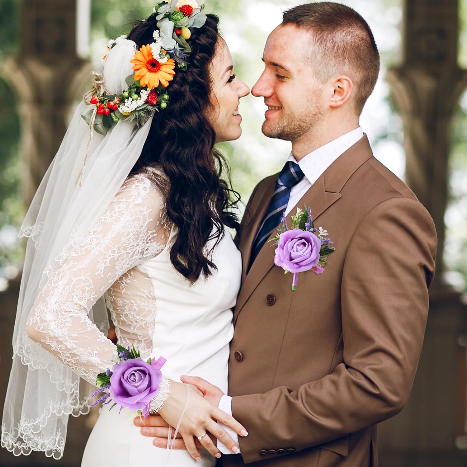 Purple Corsage and Boutonniere Set Handmade Artificial Flower Bride Wrist Corsage Bracelets Men Boutonniere Flowers Accessories Wristband for Wedding Prom Homecoming Party - Image 3