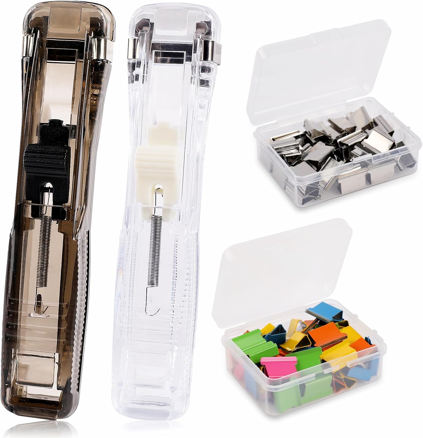 2 Pcs Portable Handheld Paper Clam Clip Dispenser Paper Clam Clip Dispenser with 100 Pcs Paper Clam Clip Refills Mini Push Stapler Paper Cip Dispenser Paper Clamps for Fixing Paper Documents - Image 1