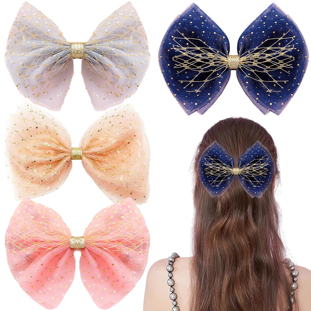 4 PCS Tulle Bows Hair Clips Dotted Tulle Large Bow Hair Clip Cute Glitter Polka Dots Mesh Alligator Hair Clips French hair Bows Soft Bow Hair Dress Up Accessories Shimmery Girl Bows for Women Girl - Image 1
