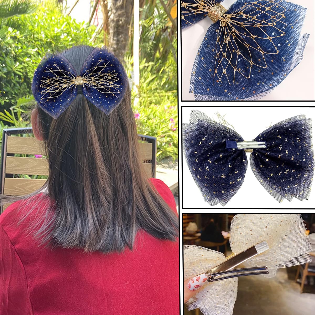 4 PCS Tulle Bows Hair Clips Dotted Tulle Large Bow Hair Clip Cute Glitter Polka Dots Mesh Alligator Hair Clips French hair Bows Soft Bow Hair Dress Up Accessories Shimmery Girl Bows for Women Girl - Image 3
