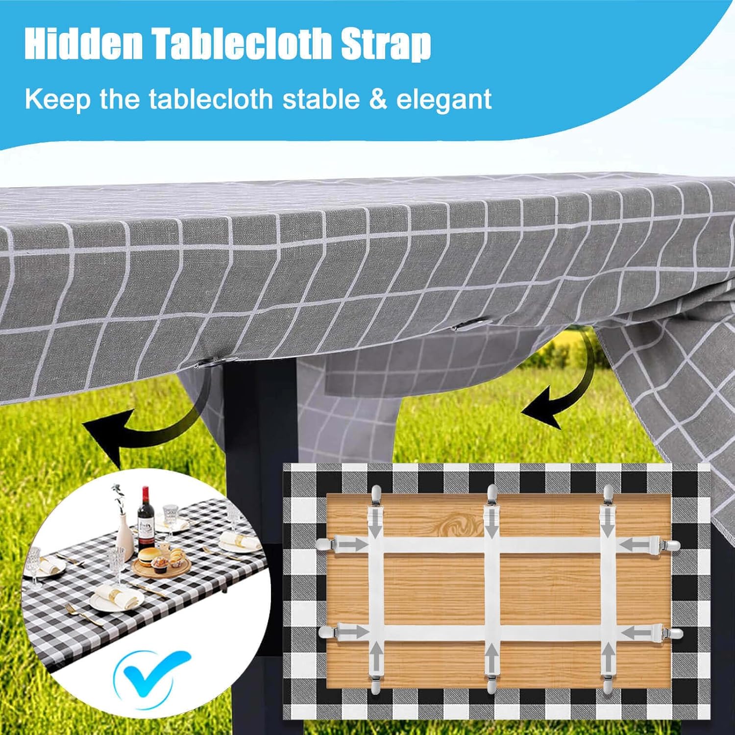Table Cloth Holder Clips Hidden Strap 5 Pack, Adjustable Elasticity Picnic Tablecloth Clip Indoor Outdoor Large Clamp for Thick Tables Bench Cover Party Restaurant Camping RV Essential Accessories - Image 2