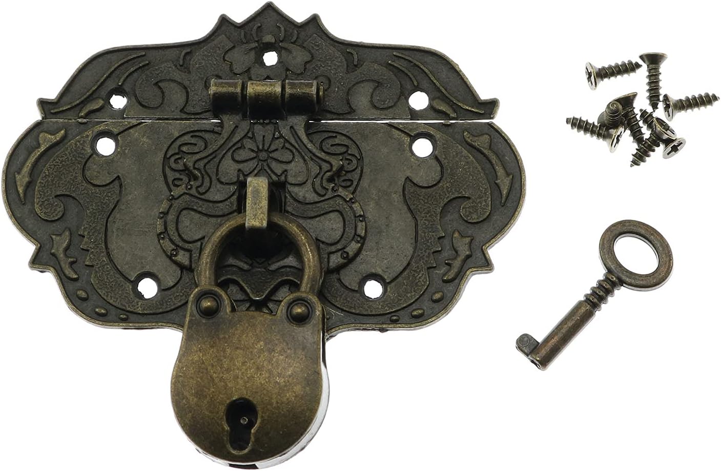 Antique Embossing Decorative Brass Hasp Clasp Latch Lock with Screws for Jewelry Box Ordinary Box Wooden Case Furniture Decoration (Bronze) - Image 1