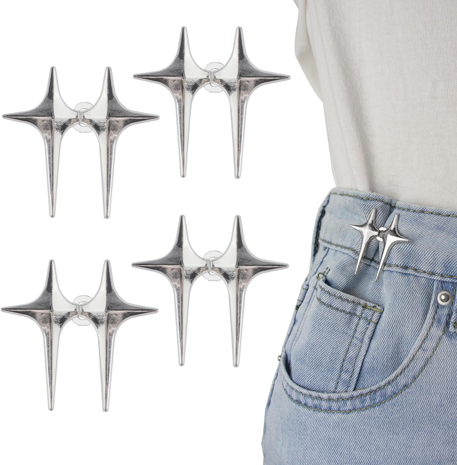 Jeans Button, 4 Sets Adjustable Star Button for Jeans, Detachable Decorative Waist Buckles, Perfect Fit Tighten Waist Adjustment Instant Button Pins for Pants - Silver - Image 1