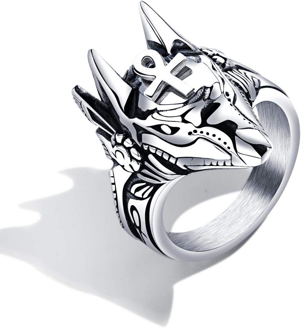 Men's Stainless Steel Egyptian God Anubis Ring Vintage Gold Plated Ankh Cross Ring Jewelry - Image 1