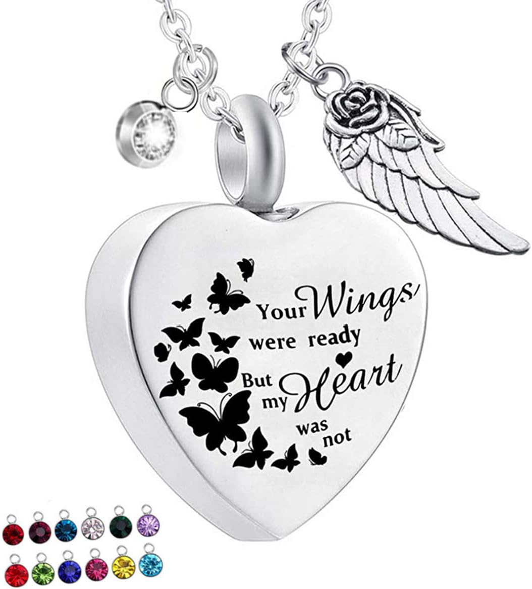 Heart Shape Cremation Urn Necklace for Ashes with 12 Birthstones Memorial Pendant - Your Wings Were Ready But My Heart Was Not - Image 2