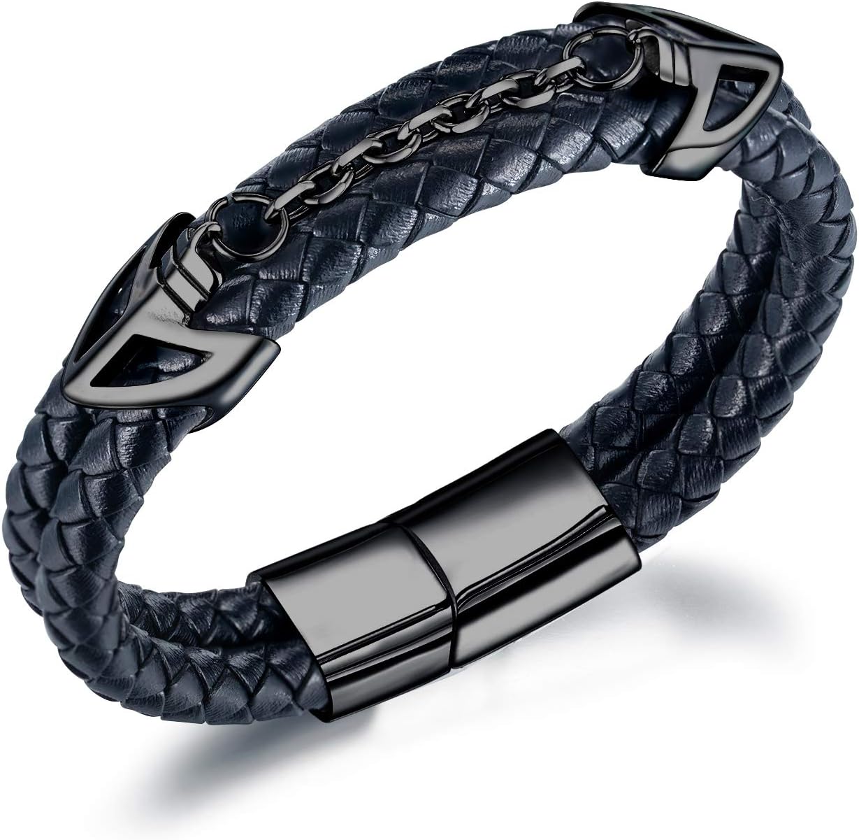 Mens Leather Bracelet with Stainless Steel Clasp Multi-Layer Braided Leather Mens Bracelet - Image 1