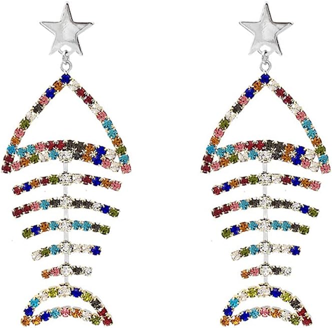 Multicolor Crystal CZ Fishbone Dangle Earrings for Women Statement Large Long Fish Skeleton Earrings - Image 1