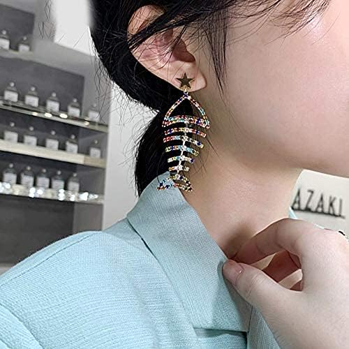 Multicolor Crystal CZ Fishbone Dangle Earrings for Women Statement Large Long Fish Skeleton Earrings - Image 3