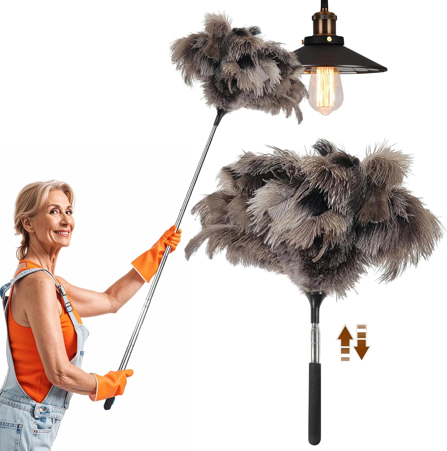 40 inches Extendable Ostrich Feather Duster， Fluffy Long Handle Reusable Duster for Cleaning Ceiling Fans, Pendant Lamps, High Ceilings, Blinds, and Furniture - Image 1