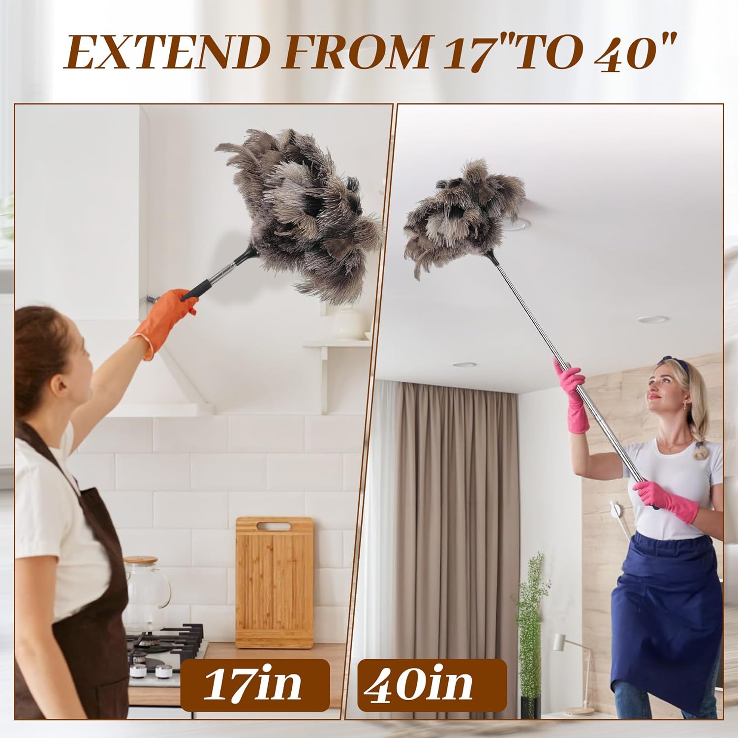 40 inches Extendable Ostrich Feather Duster， Fluffy Long Handle Reusable Duster for Cleaning Ceiling Fans, Pendant Lamps, High Ceilings, Blinds, and Furniture - Image 3
