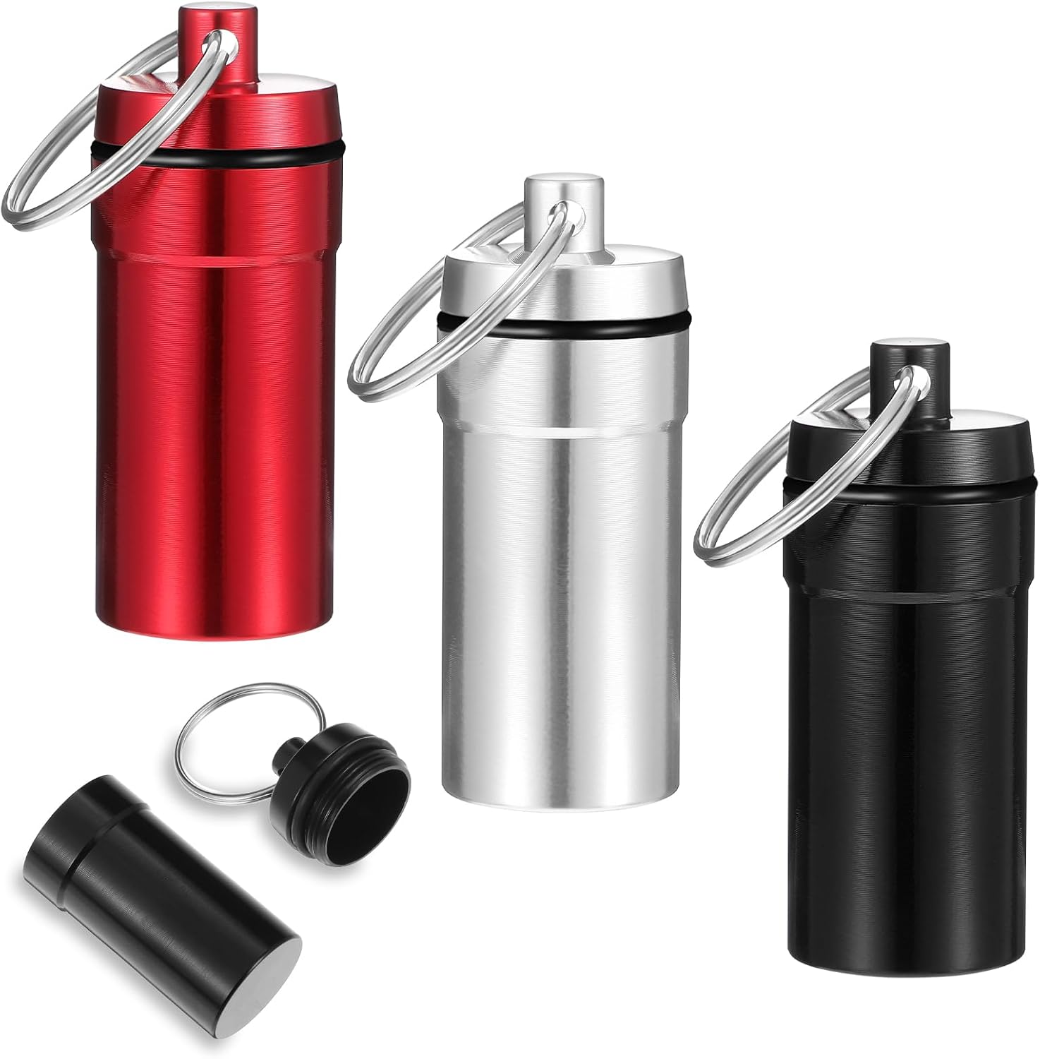 3 Pack Pill Fob Container, Waterproof Aluminum Pill Holder Keychain, Portable Mini Travel Pill Box, Nitroglycerin Pill Case for Pill Organizer Dispenser(Silver, Black, Red) - Image 1