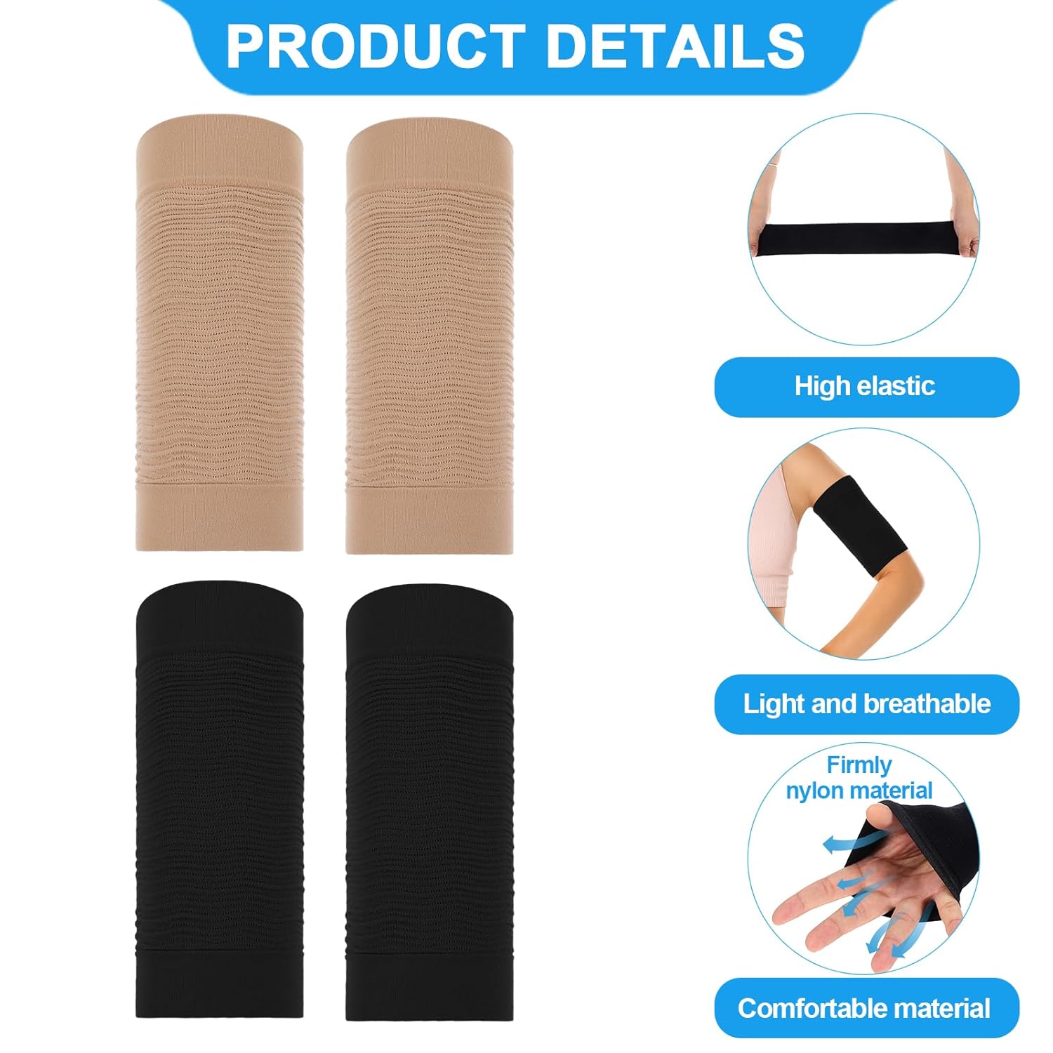 4 Pairs Arm Compression Sleeve for Women, Elastic Sport Arm Shapers Slim Upper Arm Wraps for Flabby Arms - Image 2