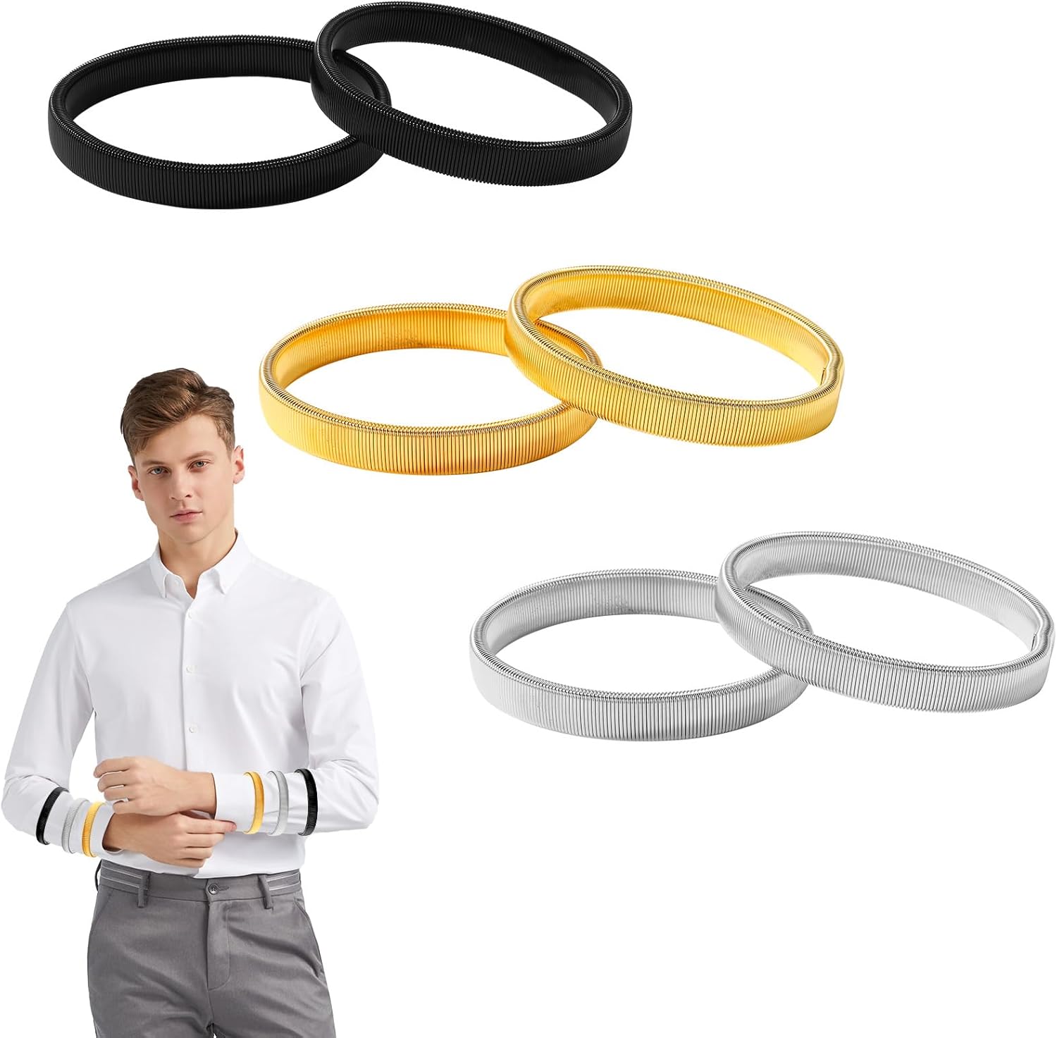 6pcs Sleeve Garters, Anti-Slip Shirt Sleeve Holder Stretchy Metal Arm Band Unisex Arm Strap to Hold up Sleeves Armbands for Women Men (Black, Gold, Silver) - Image 1