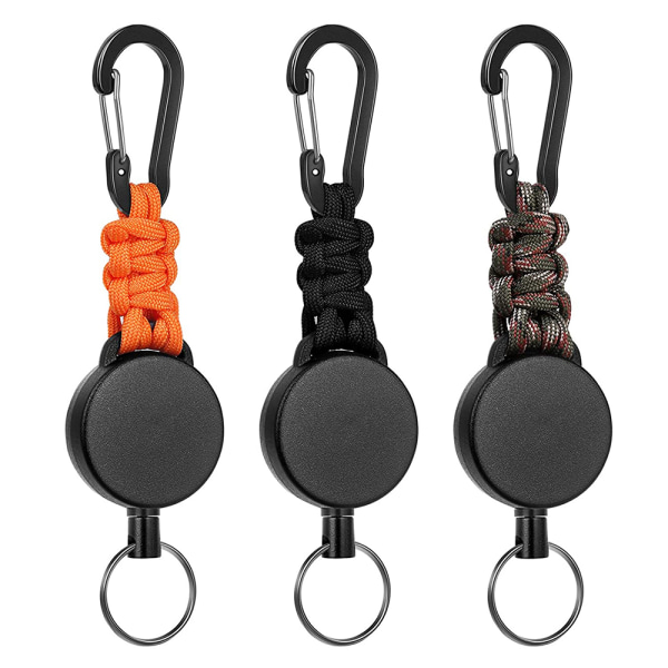 Retractable Key Rings Carabiner with 60cm Steel Cable and Key Ring 170g-200g Tensile Strength 3-Pack - Image 1