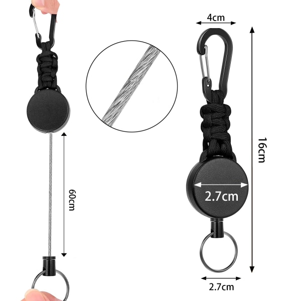 Retractable Key Rings Carabiner with 60cm Steel Cable and Key Ring 170g-200g Tensile Strength 3-Pack - Image 2