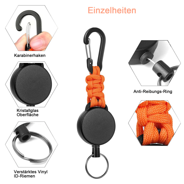 Retractable Key Rings Carabiner with 60cm Steel Cable and Key Ring 170g-200g Tensile Strength 3-Pack - Image 3