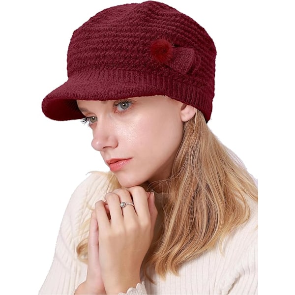 Winter Fleece Lined Thermal Hat for Women, Red Floral Knitted Beret with Brim - Image 1