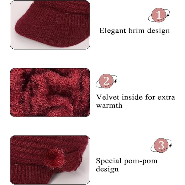 Winter Fleece Lined Thermal Hat for Women, Red Floral Knitted Beret with Brim - Image 2