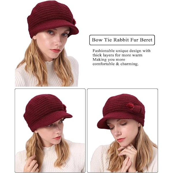 Winter Fleece Lined Thermal Hat for Women, Red Floral Knitted Beret with Brim - Image 4
