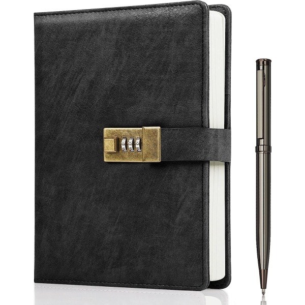 Diary with Lock, A5 PU Leather Journal with Lock, 240 Pages, Vintage Lock Journal Password Protected Notebook with Pen and Gift Box, 22 x 14.7 cm - Image 1