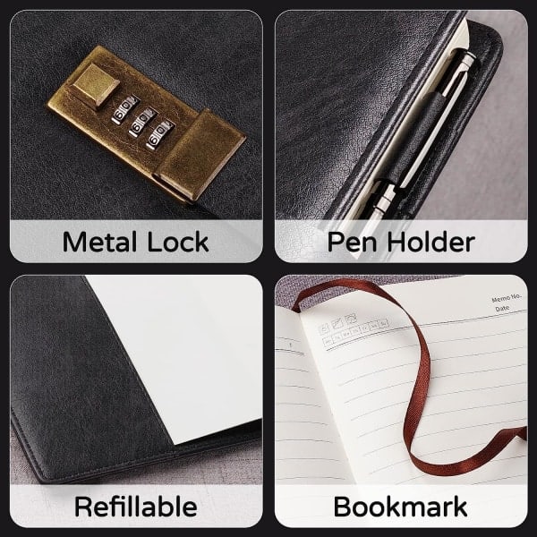 Diary with Lock, A5 PU Leather Journal with Lock, 240 Pages, Vintage Lock Journal Password Protected Notebook with Pen and Gift Box, 22 x 14.7 cm - Image 3