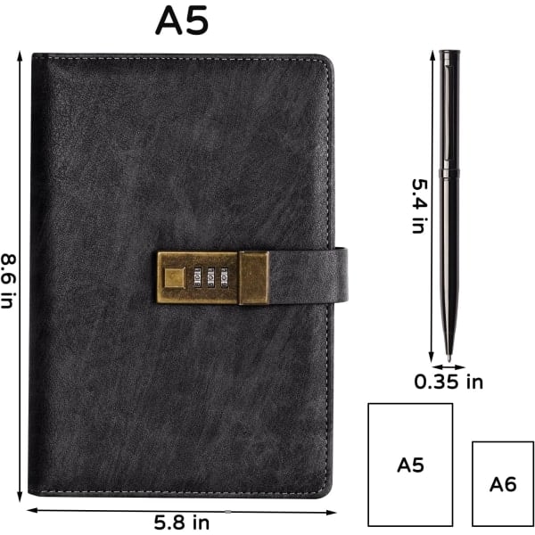 Diary with Lock, A5 PU Leather Journal with Lock, 240 Pages, Vintage Lock Journal Password Protected Notebook with Pen and Gift Box, 22 x 14.7 cm - Image 5