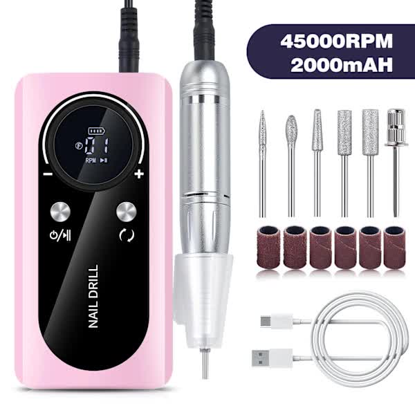 Electric Nail File Rechargeable Portable 45000 rpm Pink - Image 1