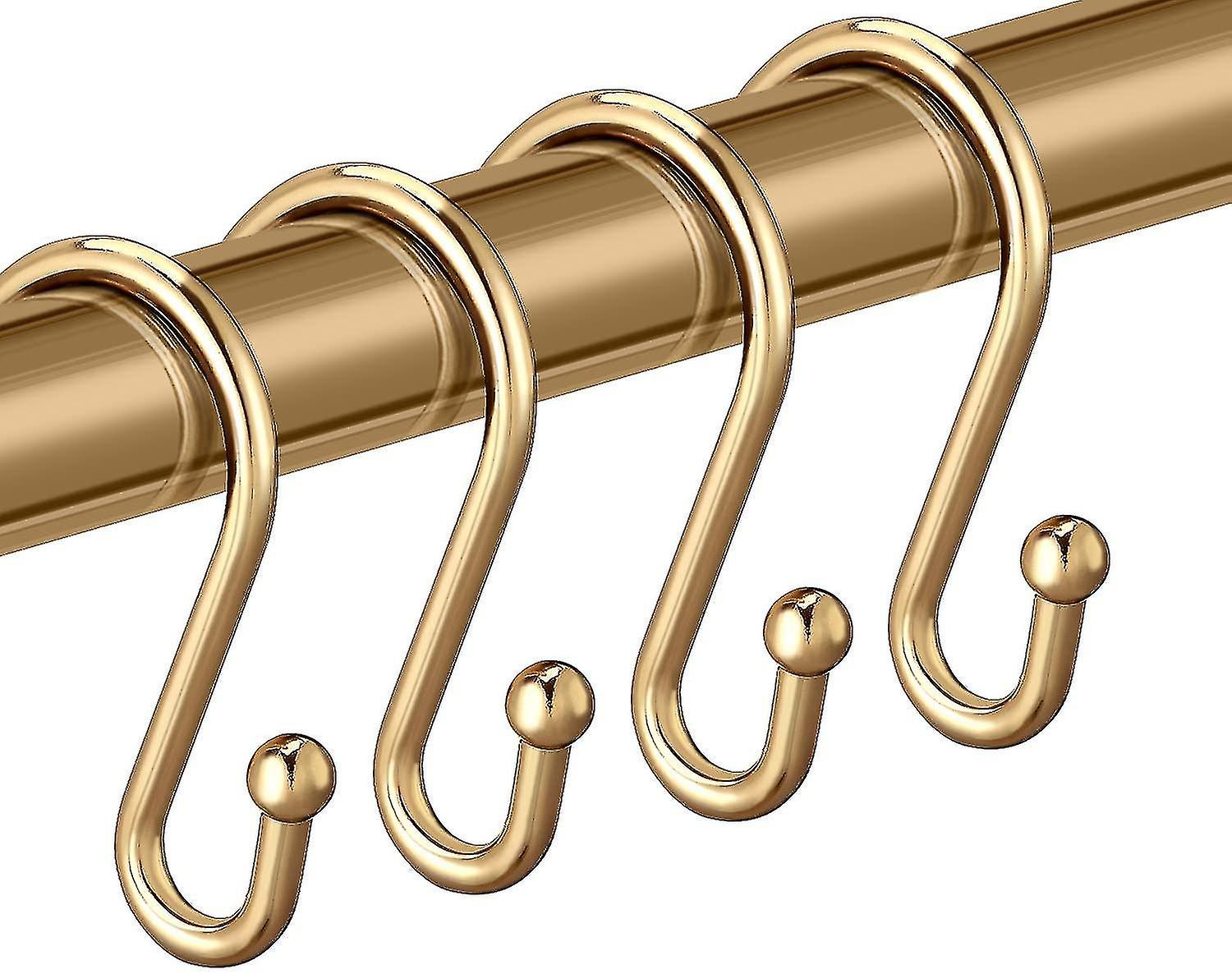 Stainless Steel S-Shaped Shower Hooks for Bathroom Curtains and Clothes, Set of 12, Gold Finish, Brass - Image 1