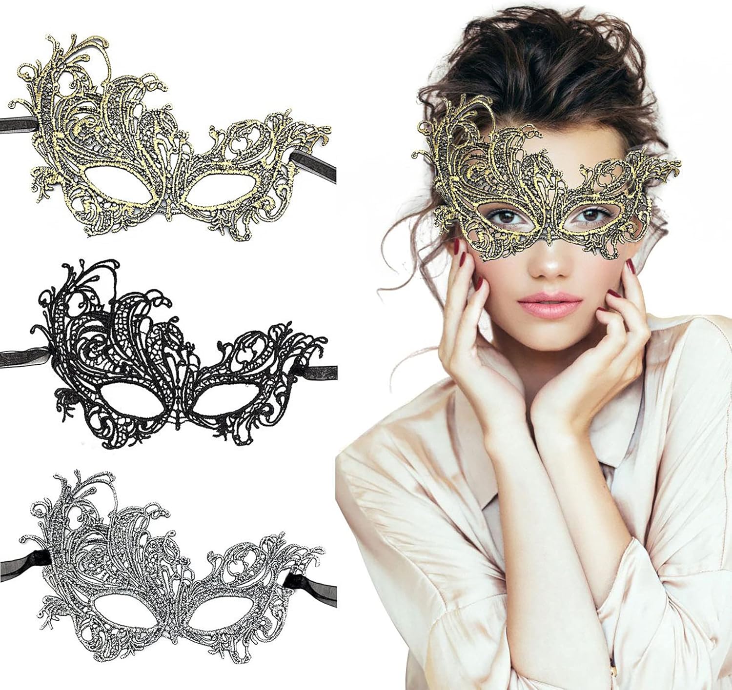 Venetian Masquerade Mask for Women Elegant Lace Halloween Mardi Gras Party Gold Silver Black - Image 1