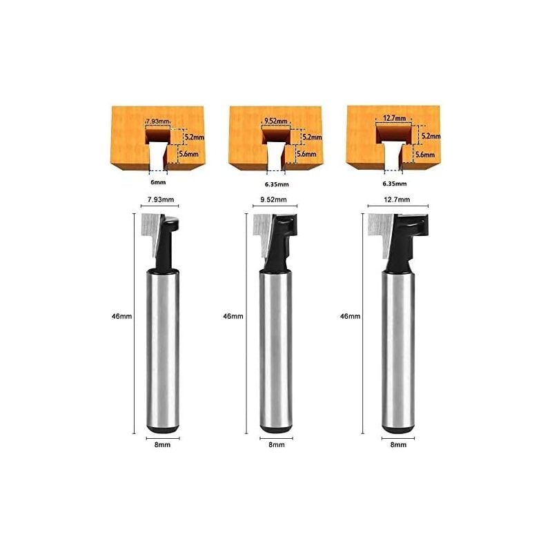 8mm T-Slot Router Bits 3Pcs Set with 7.93/9.52/12.7mm Shanks Compatible with Bosch DeWalt Makita for Woodworking Power Tools Carpentry - Image 2